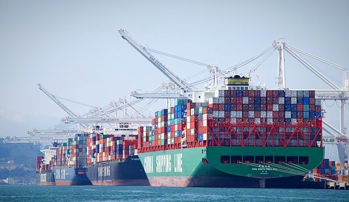 Cargo ship ready to off load at Oakland Port.