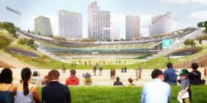 Mock up picture of Oakland A's new stadium with people and families around it
