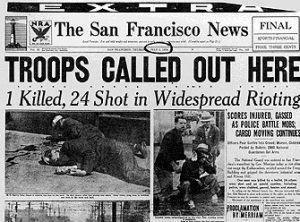 black and white newspaper snippet with title "Troops called out here"