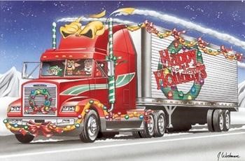 A brightly red colored truck with holiday lights decorated around its truck frame ready to spread the holiday spirit.
